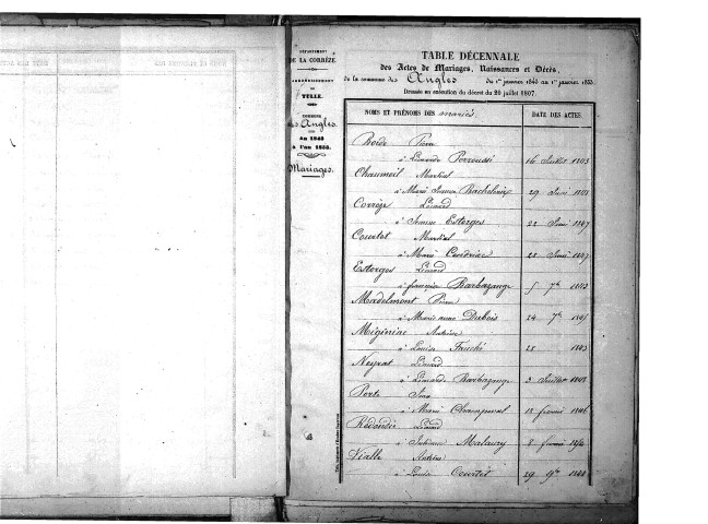Tables décennales des mariages (1843-1852)