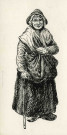 Vieille femme avec canne, tenant son tablier.