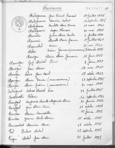 Tables décennales des naissances (1933-1942)