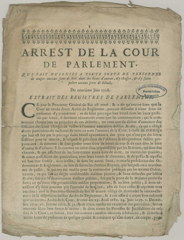 Arrêts du Parlement, lettre de jussion, ordonnance de Christophe Pajot, intendant de justice de Limoges.