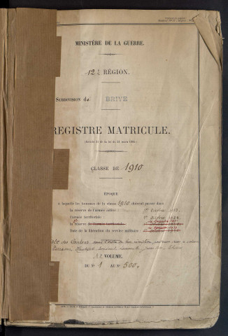 Classe 1910 : matricules 1 à 542; 1637 à 1673.