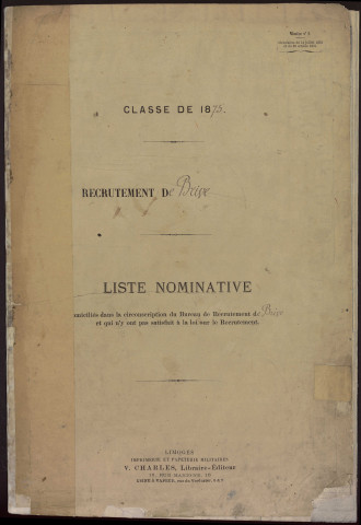 Classe 1875 : registre matricule des hommes domiciliés dans la circonscription de Brive.