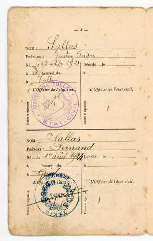 Livret de famille de Gabriel Sallas et Marguerite Aubrun, son épouse.