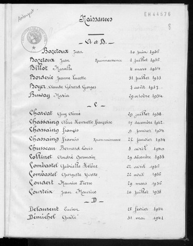 Tables décennales des naissances (1933-1942)
