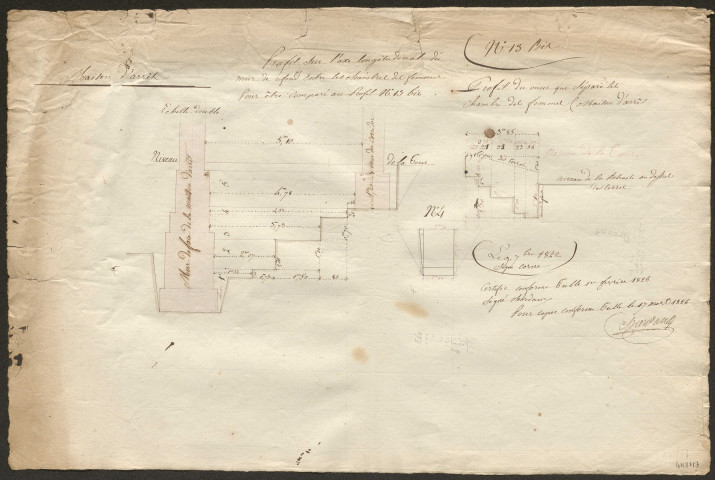 Travaux : correspondances, états des ouvrages ; dossier de situation des travaux et observations des architectes (1822-1826), dont "projet d'une fosse et des cabinets de latrines pour les maisons d'arrêt de justice et de police municipale" : plan aquarellé, couleur, papier, par Chardau [1826]