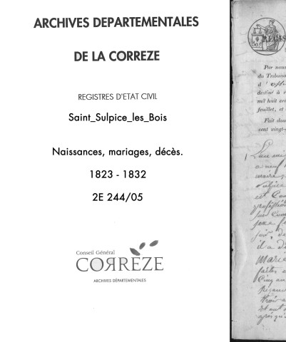 Naissances, mariages, décès (1823-1832)