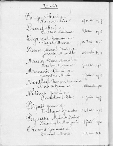 Tables décennales des mariages (1943-1952)
