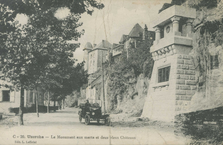 Uzerche : "C - 20. Uzerche - Le monument aux morts et deux vieux châteaux".
