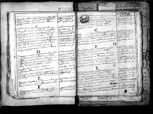 Tables décennales des mariages (1792-1802)