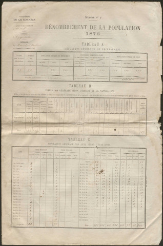 Population : dénombrement (1876, 1881) ; listes nominatives (1876, 1881, 1886, 1896). Dénombrement des aliénés (1881, 1896) ; des étrangers (1881).