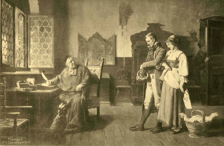 Un prêtre recevant un jeune homme et une jeune femme.