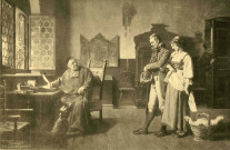Un prêtre recevant un jeune homme et une jeune femme.