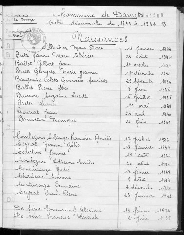 Tables décennales des mariages (1933-1942)