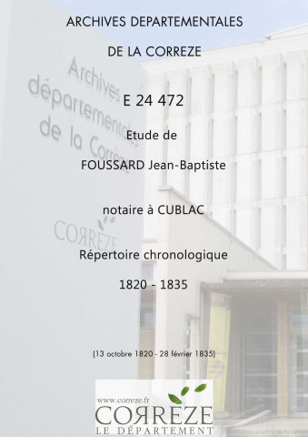 Répertoire chronologique : 13 octobre 1820-28 février 1835