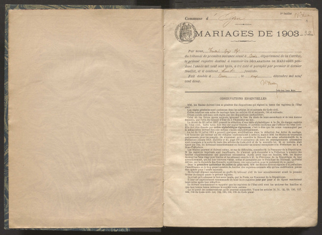 Mariages (1903-1932).