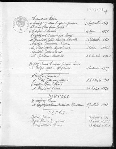 Tables décennales des naissances (1933-1942)