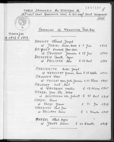 Tables décennales des naissances (1943-1952)