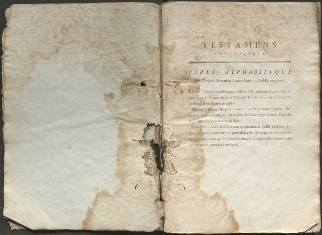 Table alphabétique des testaments, donations à cause de mort et codicilles enregistrés