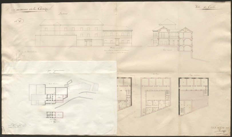 Travaux : rapport, correspondances, règlements, divers plans par Chardau (1822-1826) joint à un dossier de 1831 ; affaire Jouvenel [entrepreneur] (1830-1831) ; dossier approvisionnement en eau, fontaines dont plans aquarellés sur papier par Lanck (prison de Tulle, ancien plan des lieux et nouveau plan des lieux et château d'eau pour l'école de la maternité et la prison) (1834-1850).