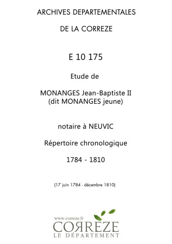 Répertoire chronologique : 17 juin 1784-décembre 1810