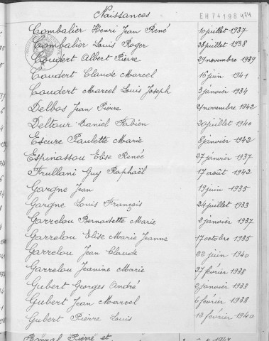 Tables décennales des naissances (1933-1942)