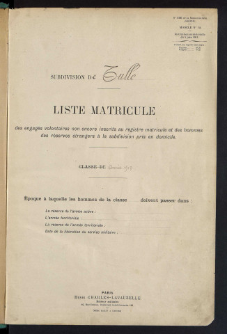 Classe 1918 : liste de matricules des engagés volontaires non encore inscrits au registre matricule et des hommes des réserves étrangers à la subdivision pris en domicile (matricules 1 à 252).