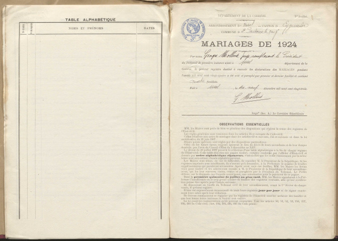 Naissances, mariages, décès (1923-1932).