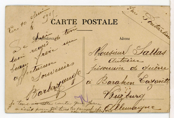 Carte postale de Thillois (Marne) adressée à Gabriel Sallas, prisonnier en Allemagne.
