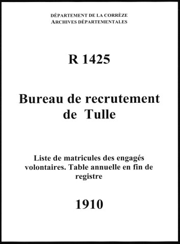Classe 1910 : table alphabétique de la liste des engagés volontaires.