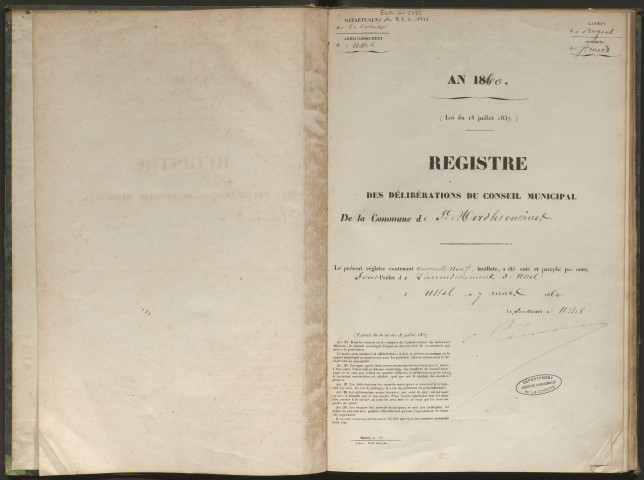 Délibérations du conseil municipal. 06 mai 1860-13 novembre 1870