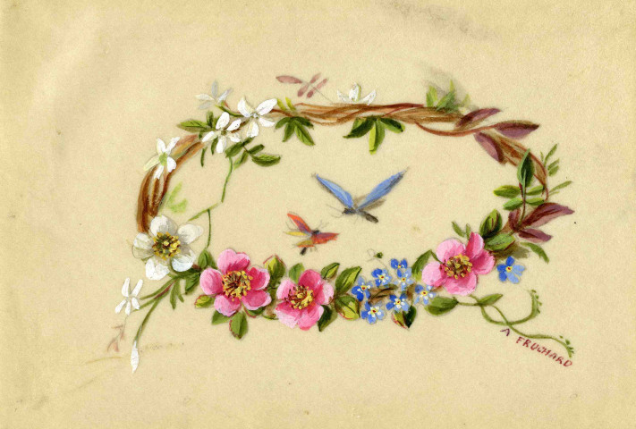 Une couronne de fleurs et deux papillons.