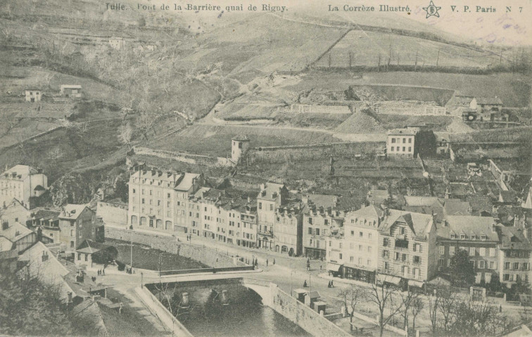 Tulle : "Tulle. Pont de la Barrière quai de Rigny - La Corrèze illustré. N.7.". Chantier de construction du collège Clemenceau.
