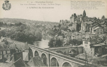 Uzerche : "B - 35 - Uzerche (Corrèze) - Les vieux châteaux - Le viaduc - Le pont Turgot - L'Hôtel du Commerce". "Dans les temps glorieux que l'histoire rappelle, Sur son fier promontoire, oh ! qu'Uzerche était belle, Mirant dans les flots bleus ses belliqueux atours, La Vierge, en son honneur, ne souffrait nulle entaille, Il était malaisé de lui prendre la taille, Que défendait si bien sa ceinture de tours.