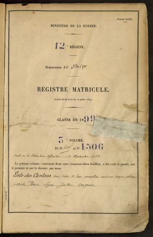Classe 1899 : matricules 1005 à 1506.