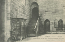 Aubazine : "331. - Corrèze - Aubazine - Intérieur de l'église - Vieille armoire du XIIe siècle et escalier conduisant au couvent".