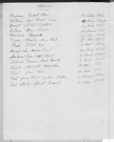 Tables décennales des naissances (1943-1952)