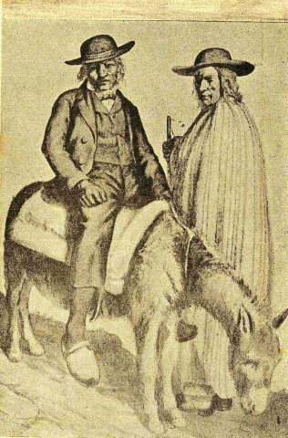Deux hommes dont un chevauchant un âne.