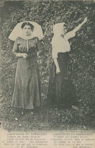 Folklore : "81. Limousines en barbichet. Pendant que Jeanne tricote Catherine cherche dans le buisson et Jeanne de lui dire Ce n'est pas ici que se trouve un amoureux.". Texte de V.P., Limoges.