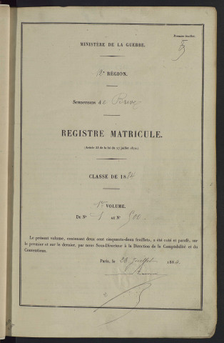 Classe 1884 : matricules 1 à 500.