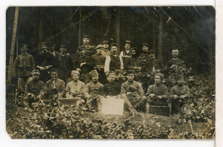 [Camp de Würzburg] : portrait d'un groupe de prisonniers de différentes nationalités dans une clairière.
