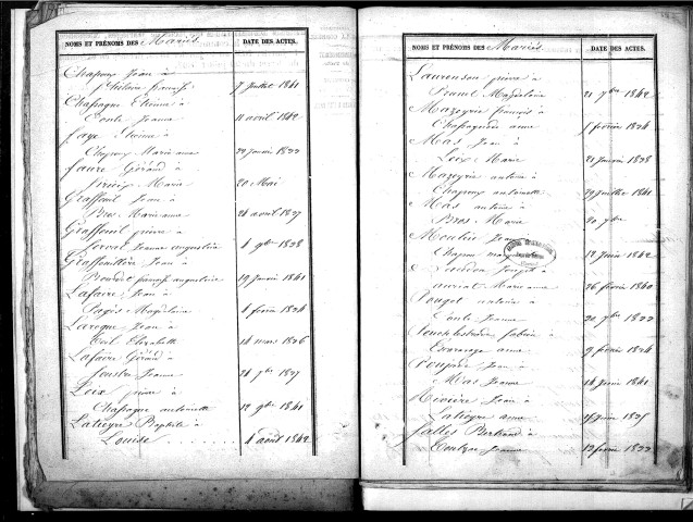 Tables décennales des mariages (1833-1842)