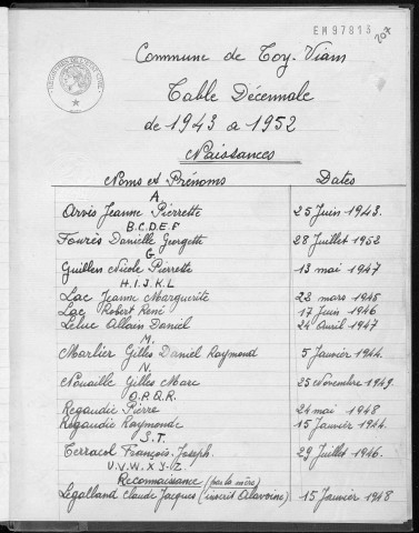 Tables décennales des naissances (1943-1952)