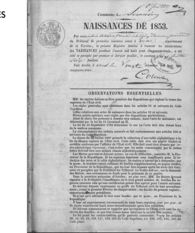 Naissances, mariages, décès (1853-1862)