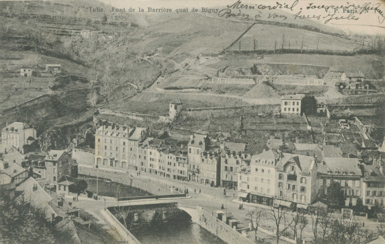 Tulle : "Tulle. Pont de la Barrière quai de Rigny - N.7.". Chantier de construction du collège Clemenceau.