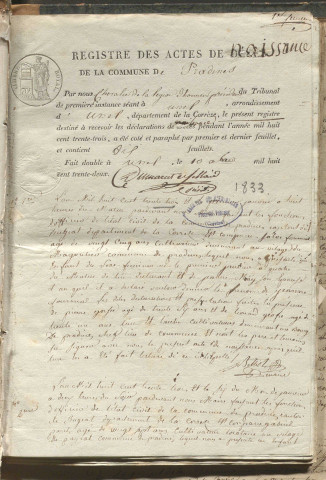 Naissances, mariages, décès (1833-1842)