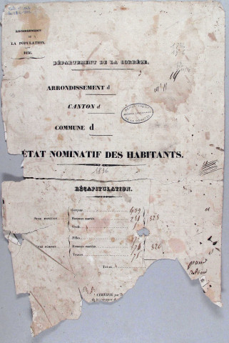 Population : listes nominatives. 1836-1886
