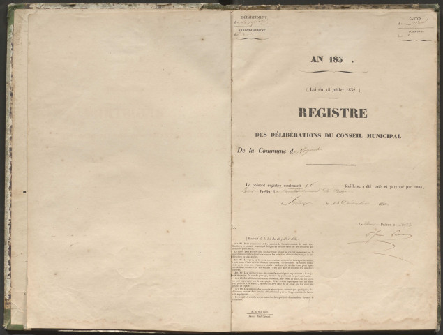 Délibérations du conseil municipal. 1er janvier 1853-30 juin 1861