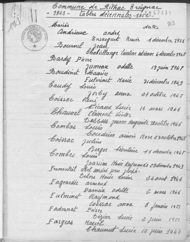 Tables décennales des mariages (1943-1952)