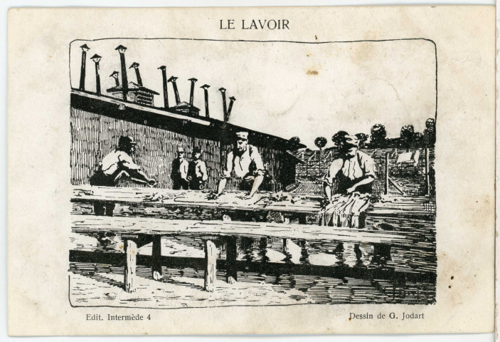 "Le lavoir", carte postale de prisonnier avec illustration.