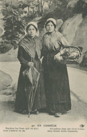 Folklore (scènes de) : "40. En Corrèze - Attendons Jean qui vient là-bas ; nous ferons route ensemble". texte en limousin.